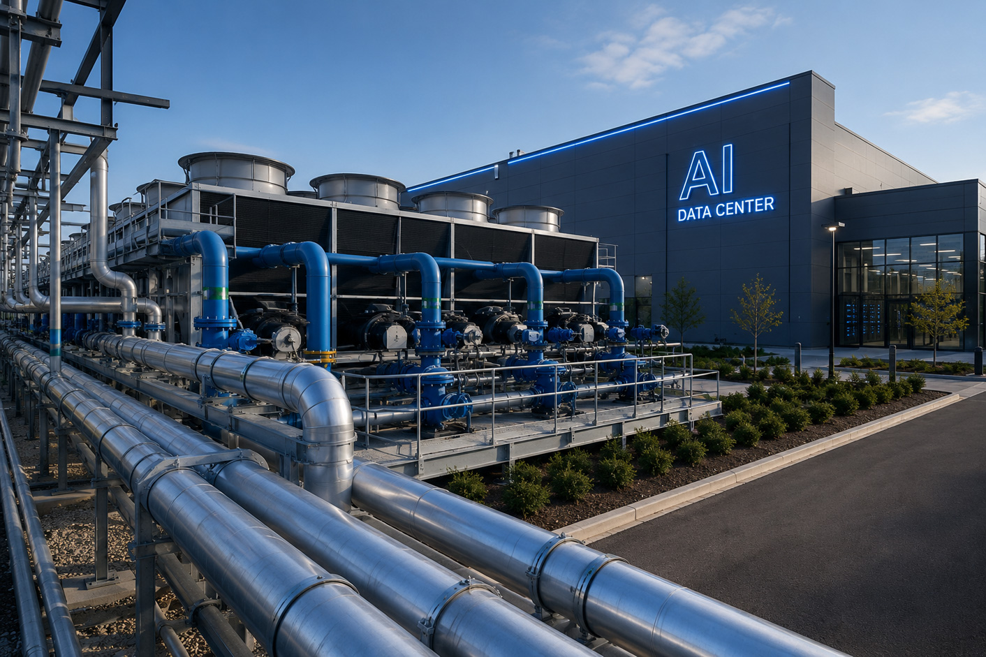 Modern AI data center infrastructure with industrial cooling and piping systems