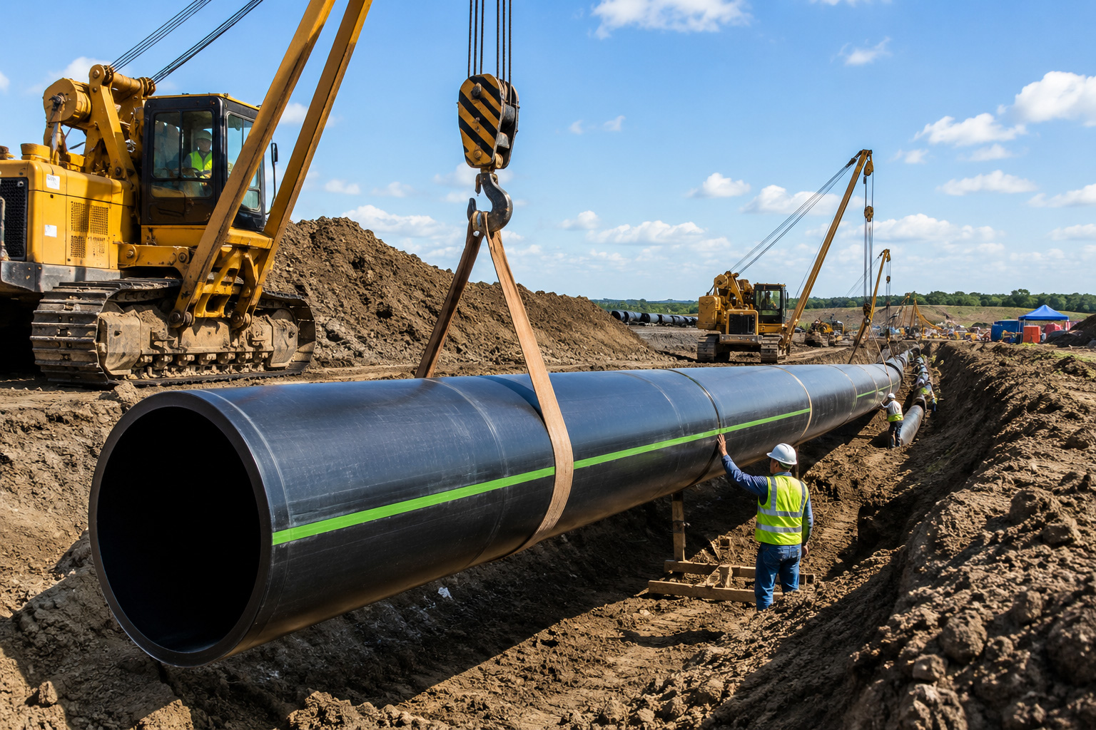 Large-diameter pipeline being installed at a construction site