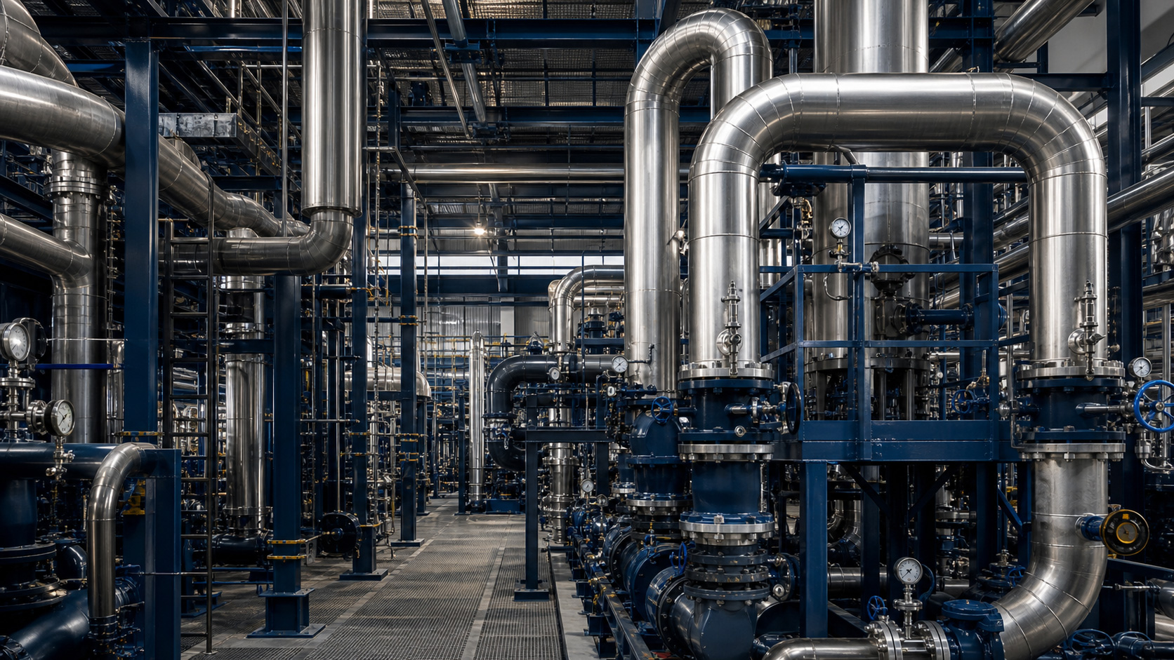 Industrial process piping inside a production facility